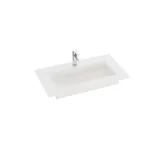 Große Badezimmerinspiration mit gelben Waschtischunterschrank, weißer Waschbecken und Arbeitsplatte, schwarzem Regal und rundem Spiegel mit weißem Rand, weißen Marmorwänden und kleinen schwarzen Fliesen für ein modernes, urbanes Aussehen.