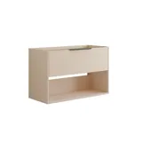 Inspiration für ein großes Badezimmer mit einem eleganten Waschtischunterschrank und einem Hochschrank in Hellbeige mit schönen schmalen Streifen, schwarzen länglichen Griffen und einem Spiegelschrank mit Licht, um eine romantische Atmosphäre zu schaffen.
