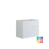 Große Badezimmerinspiration mit gelben Waschtischunterschrank, weißer Waschbecken und Arbeitsplatte, schwarzem Regal und rundem Spiegel mit weißem Rand, weißen Marmorwänden und kleinen schwarzen Fliesen für ein modernes, urbanes Aussehen.