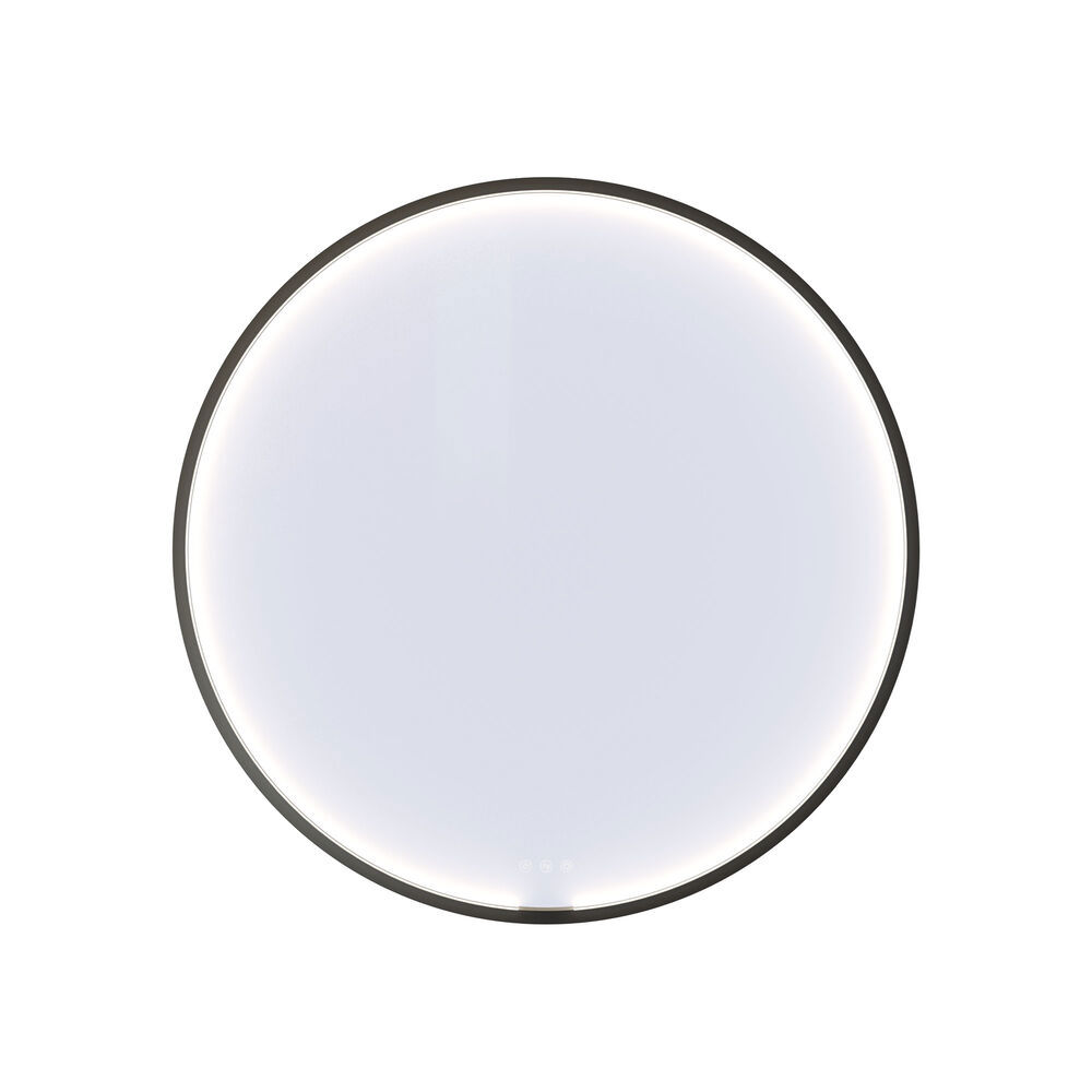 Stilvolle und geräumige Badezimmer Inspiration mit großem rundem Spiegel mit schwarzem Rahmen, dunklem Steinwaschbecken, farbigem WC, Oberschrank und offenem Regal in einem raffinierten und gedämpften Design