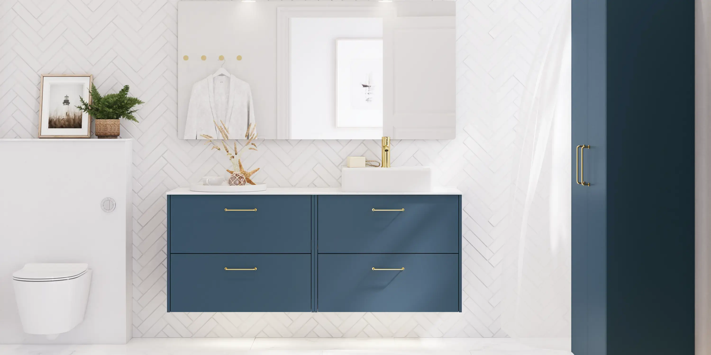 Badezimmer Inspiration mit Badezimmerschränken in moderner blauer Farbe, eleganter Aufsatzwaschbecken und großem quadratischem Spiegel mit Licht, weiße Fischgrätfliesen sorgen für einen stilvollen und klassischen Look