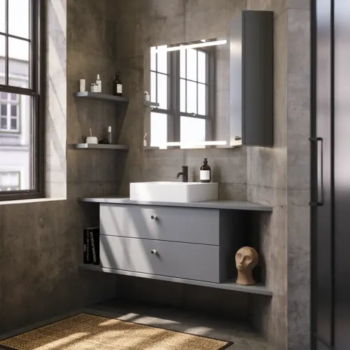 Badezimmer mit schrägen Wänden, grauem Waschtisch und Oberschrank, maßgefertigte Arbeitsplatten, modernes quadratisches Aufsatzwaschbecken, quadratischer Spiegel mit Beleuchtung, rohe Betonwände und -böden verleihen einen urbanen Ausdruck