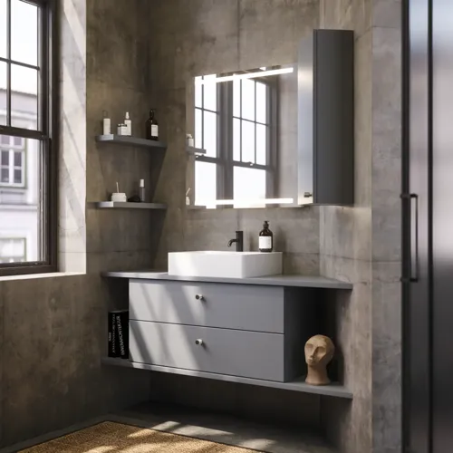 Badezimmer mit schrägen Wänden, grauem Waschtisch und Oberschrank, maßgefertigte Arbeitsplatten, modernes quadratisches Aufsatzwaschbecken, quadratischer Spiegel mit Beleuchtung, rohe Betonwände und -böden verleihen einen urbanen Ausdruck