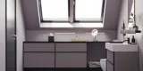 Badezimmer mit schrägen Wänden, inspiriert von lila Möbeln mit eleganten Rahmenfronten, ovalem Spiegel mit Lampe, praktischer Ablage, lila Wand und grauem Fischgrätenboden für einen eleganten, modernen Look.