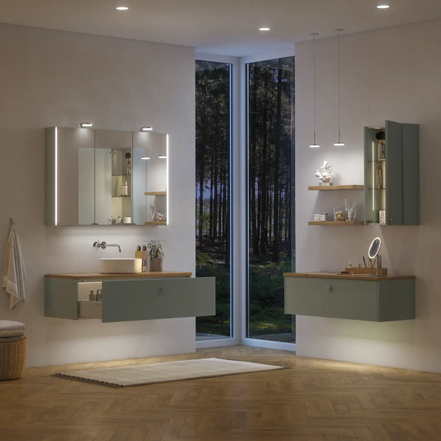 Große Badezimmerinspiration im nordischen Stil mit Badezimmerschränken in hellblauer Farbe und Holzarbeitsplatte mit elegantem Aufsatzwaschbecken, Fischgrät-Holzboden, der einen hellen und klassischen Stil schafft