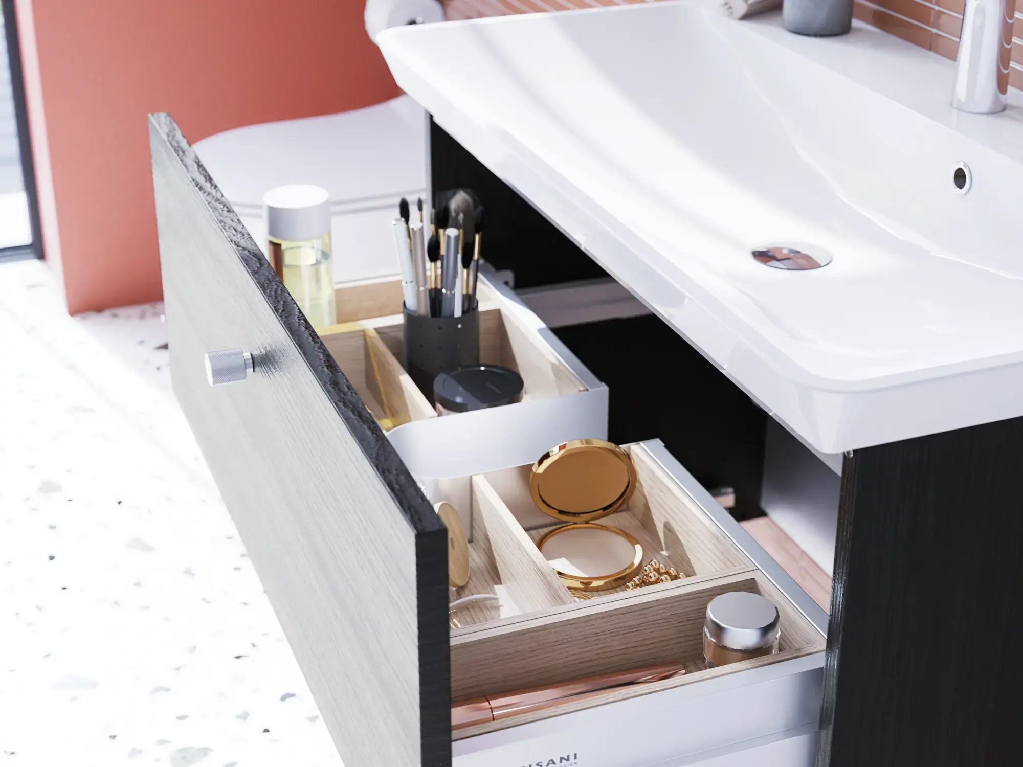 Badezimmerinspiration mit elegantem Waschbecken und Waschtischunterschrank mit praktischer und stilvoller Schubladeneinrichtung in Form von schönen Holzkästen, die eine optimale Platzausnutzung bieten.