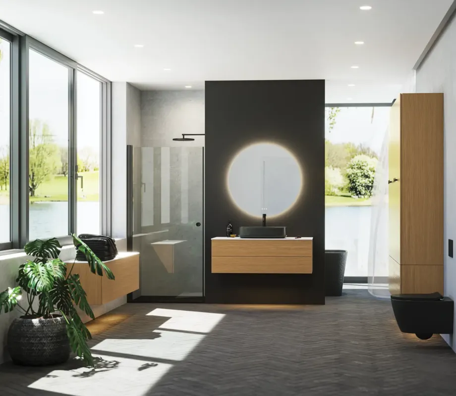 Minimalistische und stilvolle Badezimmer Inspiration mit Waschtischunterschrank, Unterschränken und Hochschränken aus goldener Eiche, großem rundem Spiegel mit Lichtsteuerung, farbigem WC und Aufsatzwaschbecken