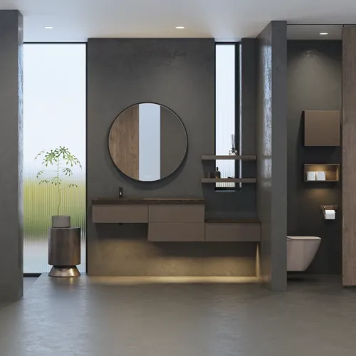 Stilvolle und geräumige Badezimmer Inspiration mit großem rundem Spiegel mit schwarzem Rahmen, dunklem Steinwaschbecken, farbigem WC, Oberschrank und offenem Regal in einem raffinierten und gedämpften Design
