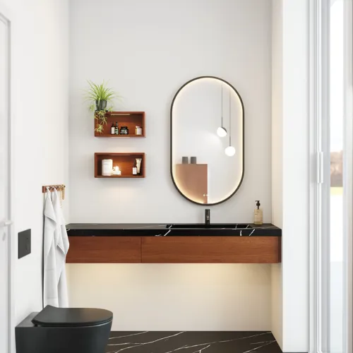 Moderne und stilvolle Badezimmer Inspiration mit ovalem Spiegel mit schwarzem Rahmen und Lichtsteuerung, farbigem WC, Waschtischunterschrank, Unterschränken und Schränken aus rotbrauner Eiche, Silestone-Waschbecken und passendem Boden