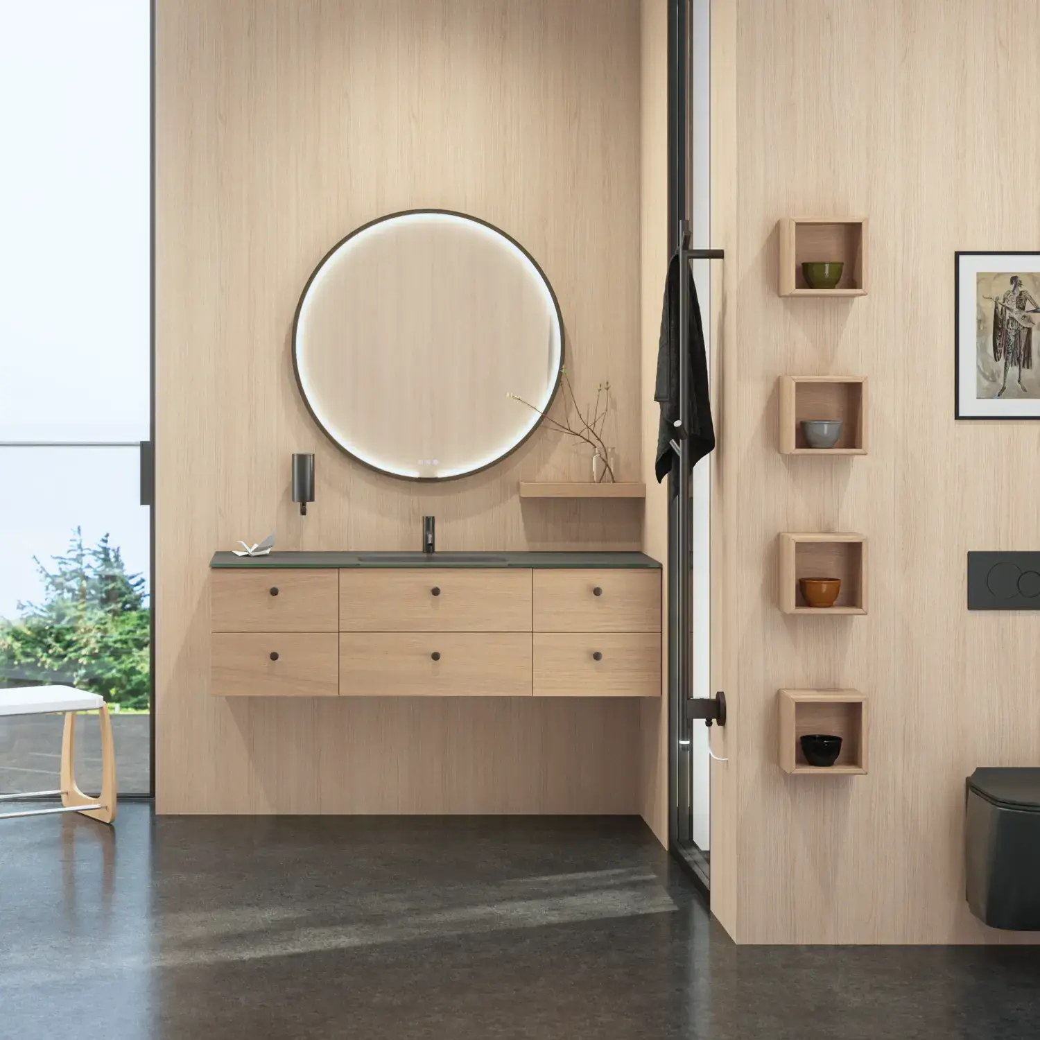 Stilvolles Badezimmer im skandinavischen und Japandi-Stil mit hellen Holzwänden, rundem Spiegel und minimalistischen Badezimmermöbeln