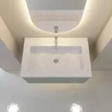 Stilvolle und moderne Badezimmer Inspiration mit ovalen Spiegeln mit Lichtsteuerung, Steinwaschbecken und Waschtischunterschränken mit eleganten Rillen in einem minimalistischen Design, helle und luftige Atmosphäre, elegante Beleuchtung