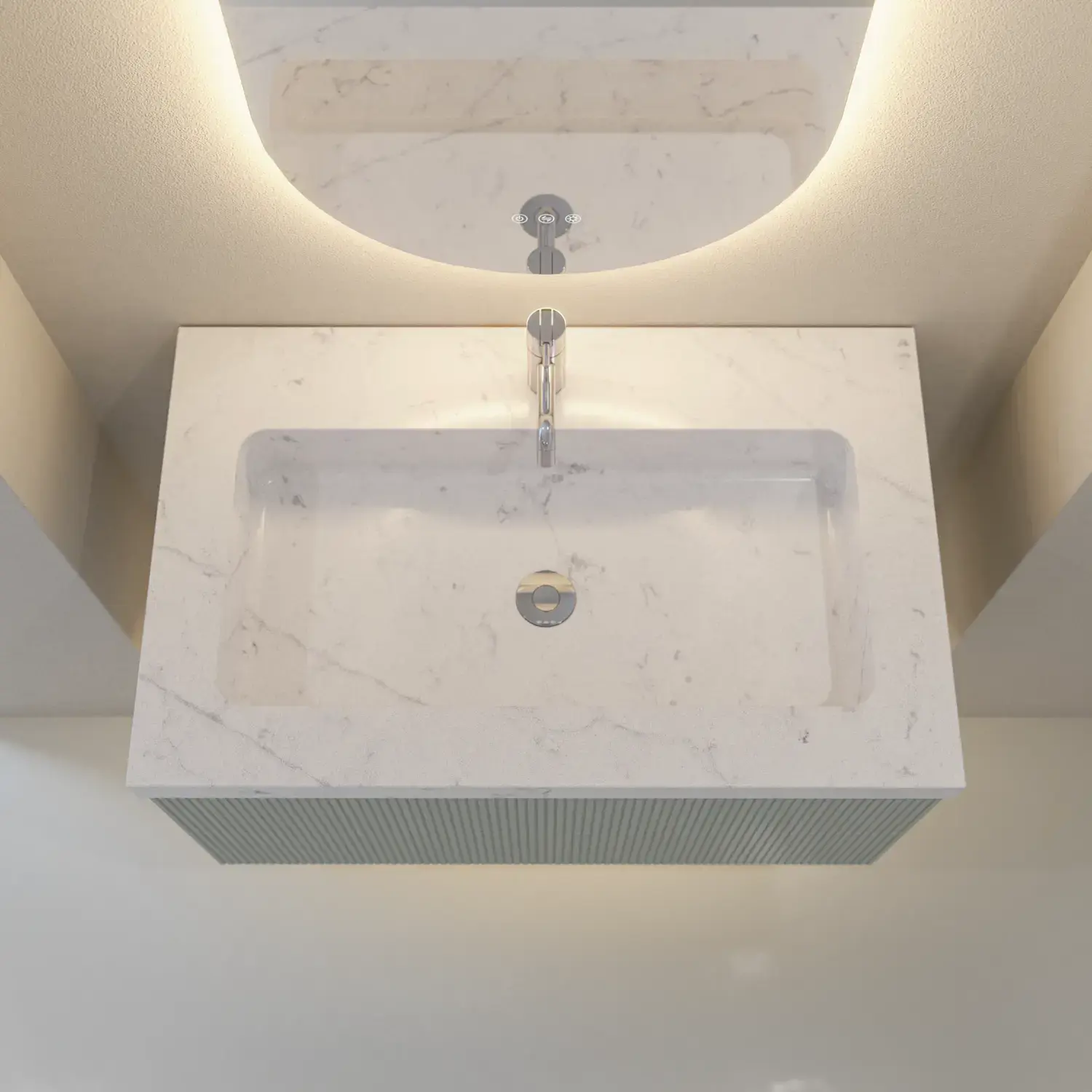 Stilvolle und moderne Badezimmer Inspiration mit ovalen Spiegeln mit Lichtsteuerung, Steinwaschbecken und Waschtischunterschränken mit eleganten Rillen in einem minimalistischen Design, helle und luftige Atmosphäre, elegante Beleuchtung