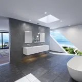 Große und moderne minimalistische Badezimmer Inspiration mit Doppelwaschbecken, quadratischen Spiegeln mit Lichtsteuerung, stilvollen Pendelleuchten, großen grauen Fliesen und einem geräumigen Design mit viel natürlichem Licht