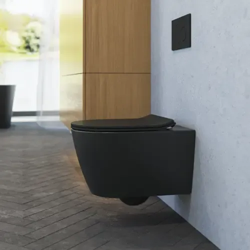 Minimalistische und stilvolle Badezimmer Inspiration mit Waschtischunterschrank, Unterschränken und Hochschränken aus goldener Eiche, großem rundem Spiegel mit Lichtsteuerung, farbigem WC und Aufsatzwaschbecken