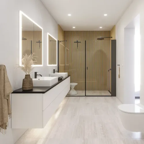 Großes Badezimmer im modernen und minimalistischen Stil mit weißen Möbeln, schwarzer Arbeitsplatte, quadratischen Waschbecken, Spiegelschränken mit Licht, Walk-in-Dusche
