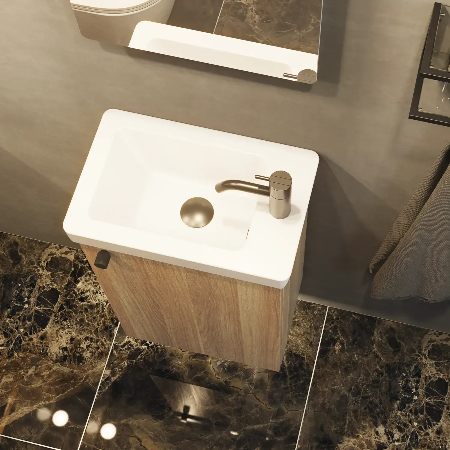 Stilvolle und minimalistische Badezimmereinspiration mit Mikro-Waschtisch und kleinem Waschtischschrank, quadratischem Spiegel mit abgerundeten Ecken und Lampe sowie elegantem Spiegelschrank.