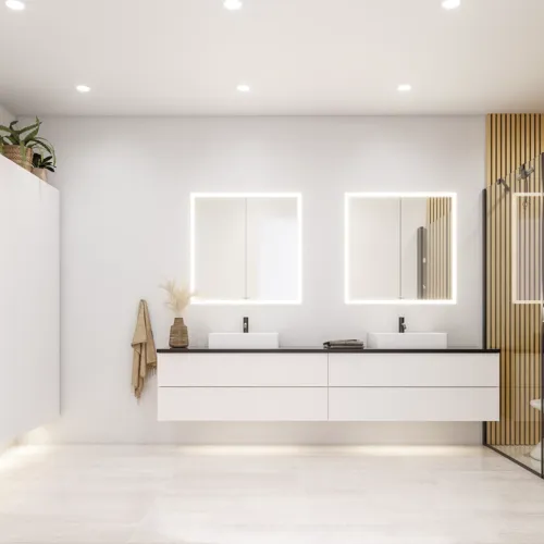 Großes Badezimmer im modernen und minimalistischen Stil mit weißen Möbeln, schwarzer Arbeitsplatte, quadratischen Waschbecken, Spiegelschränken mit Licht, Walk-in-Dusche