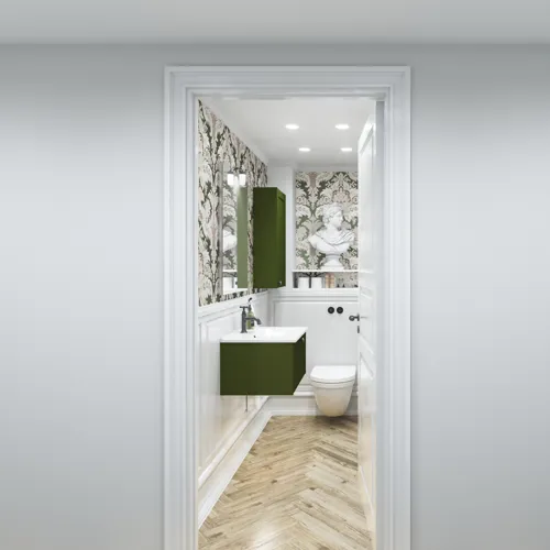 Kleine Badezimmerinspiration im klassischen Stil mit Waschtischunterschränke und einem olivgrünen Oberschrank, einem schönen quadratischen Spiegel, Fischgrätenboden und Tapete verleihen einen luxuriösen und raffinierten Ausdruck.