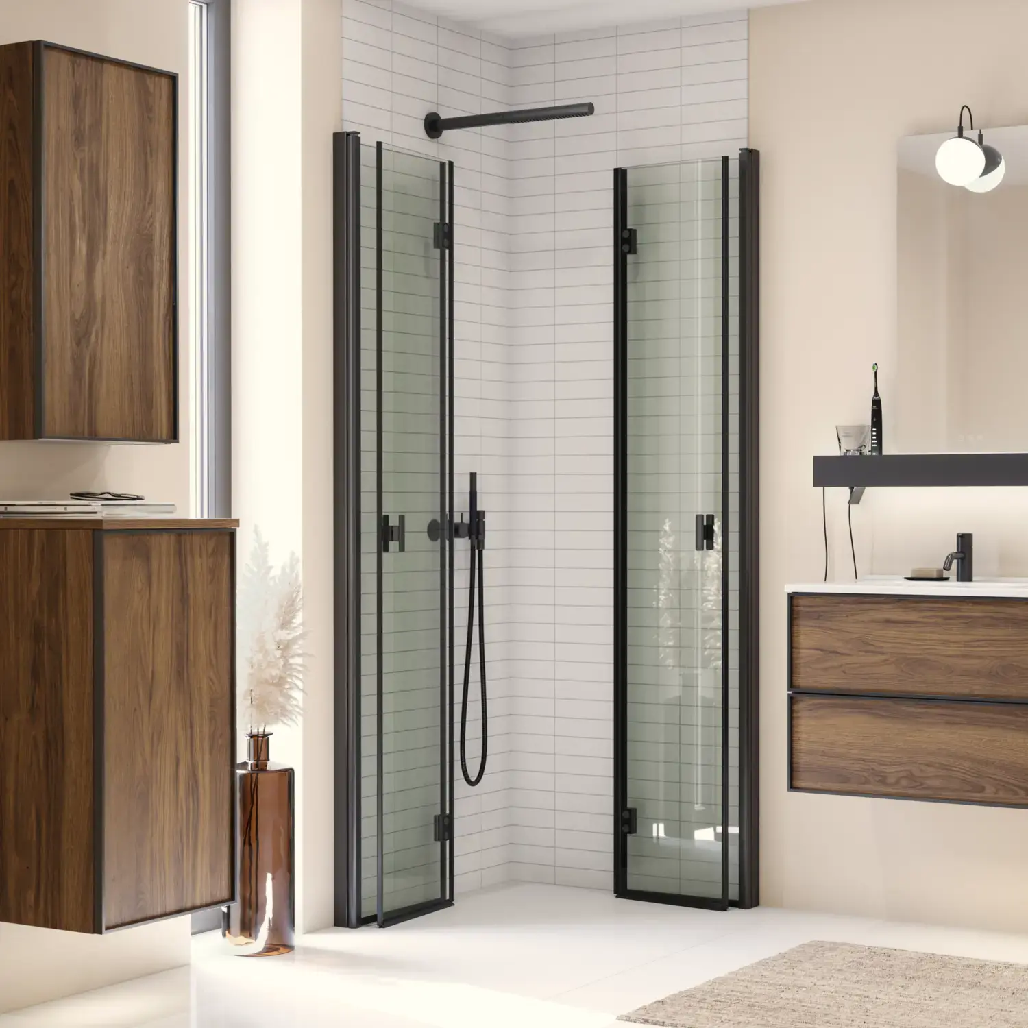 Inspiration für ein großes Bad mit Möbeln aus brauner Eiche, schwarzen Rahmen, Doppelwaschbecken, schwarzem Regal, abgerundeten Spiegeln, schwarzer Eckdusche mit Falttüren, weißen Fliesen und beigen Wänden