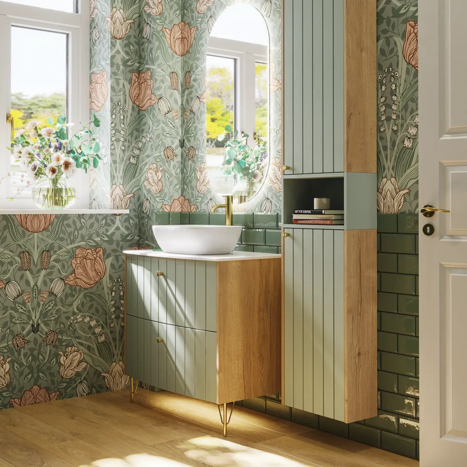 Badezimmerinspiration mit grünen Möbeln in Sonderfarbe mit Seiten aus naturbelassener Eiche, eleganten Rillen, stilvoller Arbeitsplatte mit ovalem Aufsatzwaschbecken, schönem ovalem Spiegel und Blumenmuster-Tapete für ein anmutiges, Retro-Aussehen.
