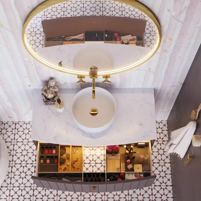 Inspiration für ein Badezimmer mit maßgefertigten lila Schränken mit eleganten Rillen, stilvoller Arbeitsplatte und freistehendem Waschbecken, großem Spiegel mit Messingrand, Fliesen und Wände in lila Nuancen verleihen einen romantischen Look