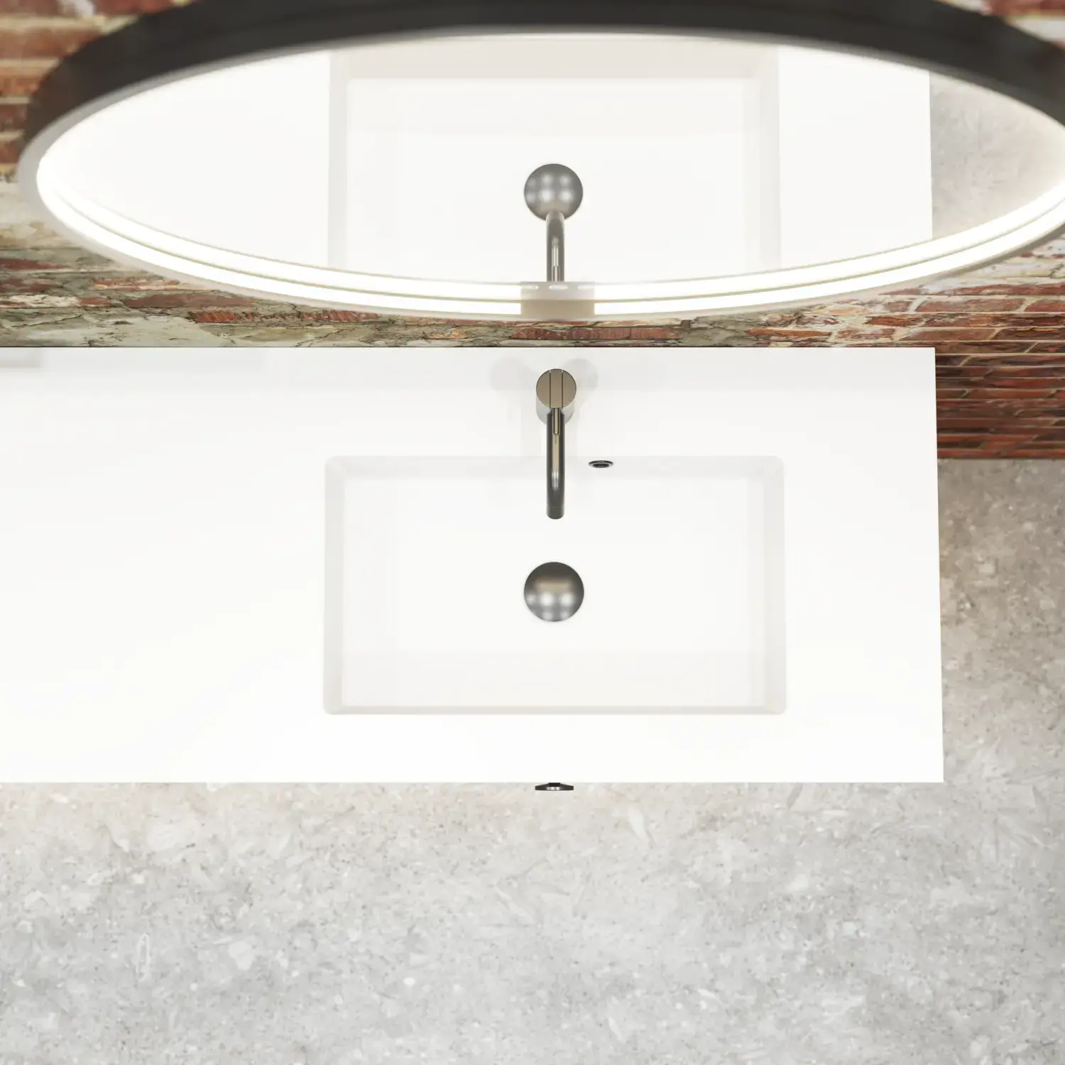 Rohes und modernes Badezimmer im urbanen Stil. Schöne Waschtischunterschränke und runde Spiegel mit schwarzer Zierleiste