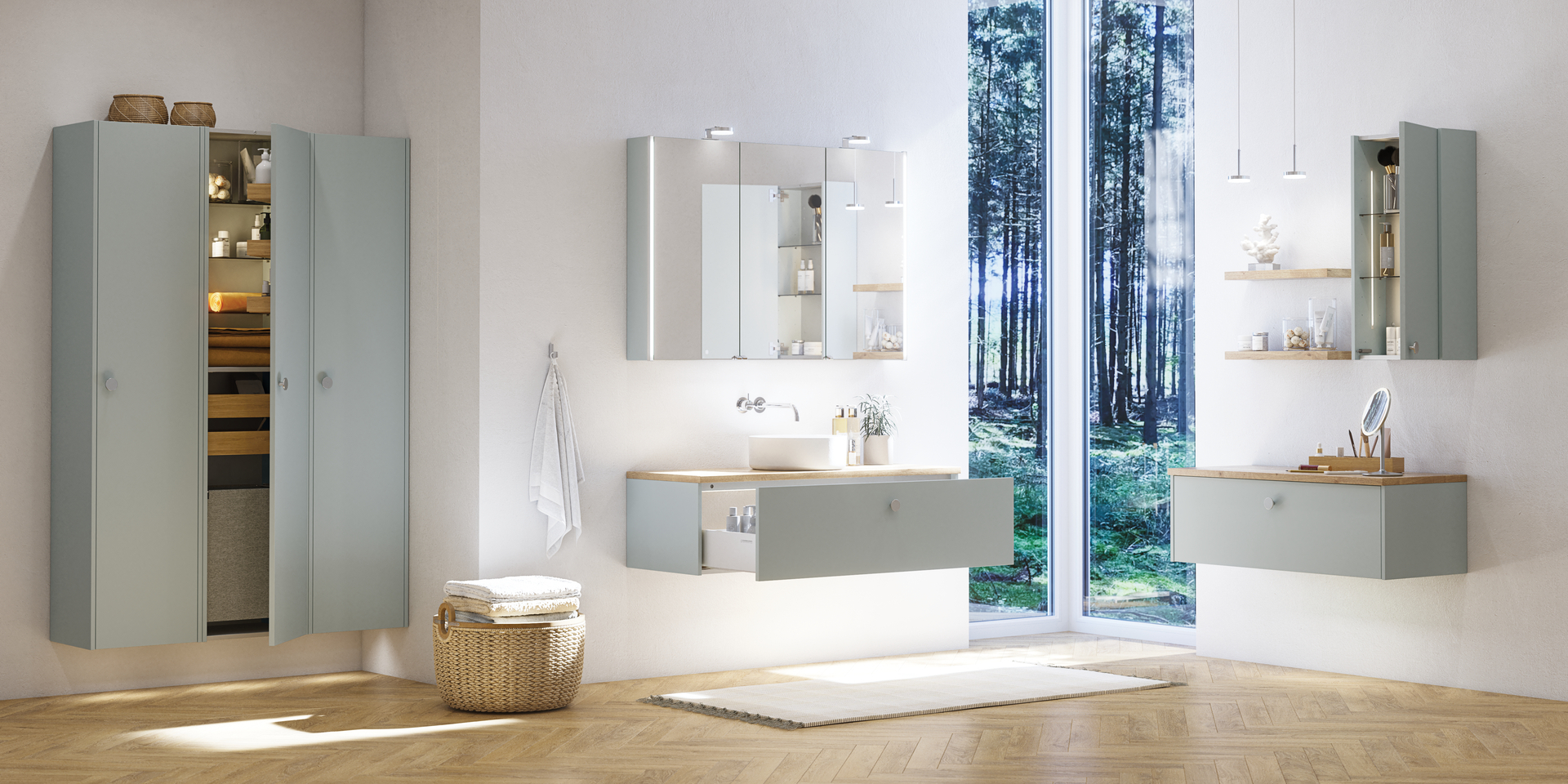 Große Badezimmerinspiration im nordischen Stil mit Badezimmerschränken in hellblauer Farbe und Holzarbeitsplatte mit elegantem Aufsatzwaschbecken, Fischgrät-Holzboden, der einen hellen und klassischen Stil schafft