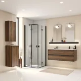 Inspiration für ein großes Bad mit Möbeln aus brauner Eiche, schwarzen Rahmen, Doppelwaschbecken, schwarzem Regal, abgerundeten Spiegeln, schwarzer Eckdusche mit Falttüren, weißen Fliesen und beigen Wänden