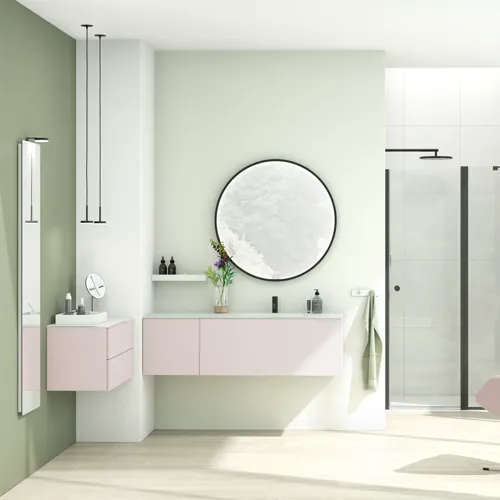 Großes und helles Badezimmer im minimalistischen Stil mit sanften Pastellfarben und eleganten grünen Nuancen, stilvollem runden Spiegel und moderner Einrichtung