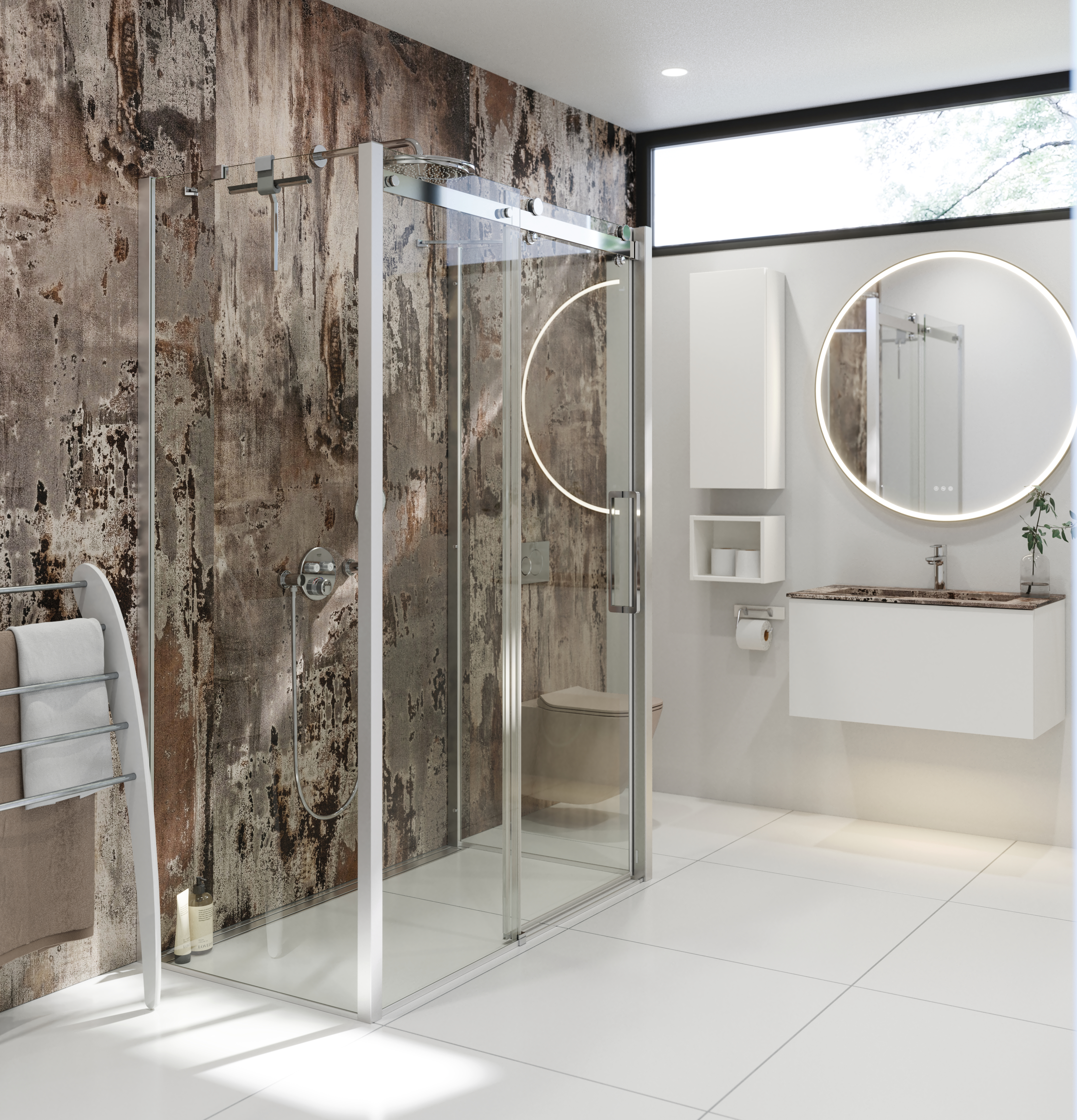 Inspiration für ein Badezimmer mit einer luxuriösen Duschkabine mit Schiebetür, weißen Badezimmermöbeln und einer Wand im Rohbau-Look, die dem Badezimmer einen rauen und urbanen Charakter verleiht