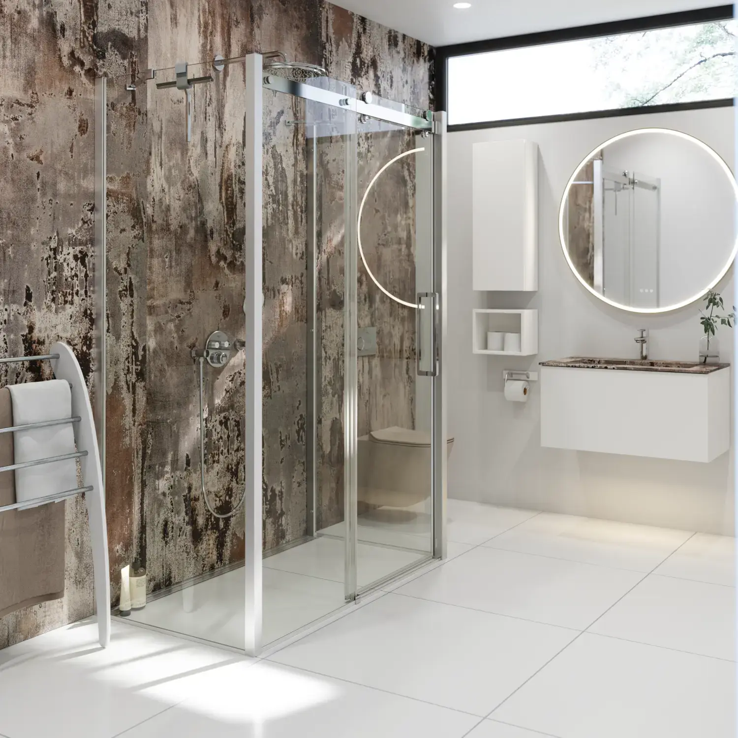 Inspiration für ein Badezimmer mit einer luxuriösen Duschkabine mit Schiebetür, weißen Badezimmermöbeln und einer Wand im Rohbau-Look, die dem Badezimmer einen rauen und urbanen Charakter verleiht