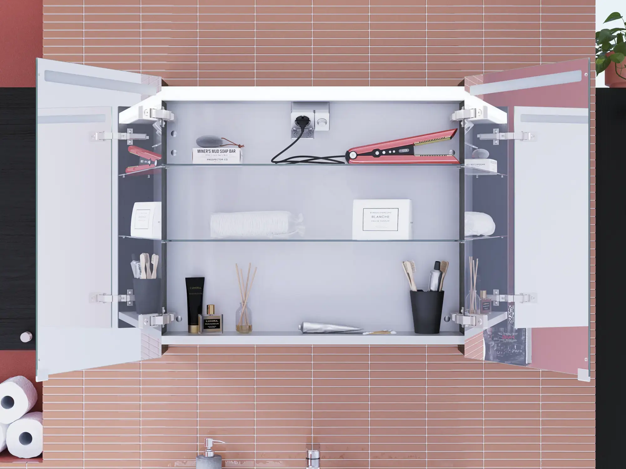 Große Badinspiration mit Badmöbeln in Black Structure mit einem eleganten Spiegelschrank mit integrierter Beleuchtung und praktischen und stilvollen Armaturen sowie Steckdosen für ein exklusives Badeerlebnis.