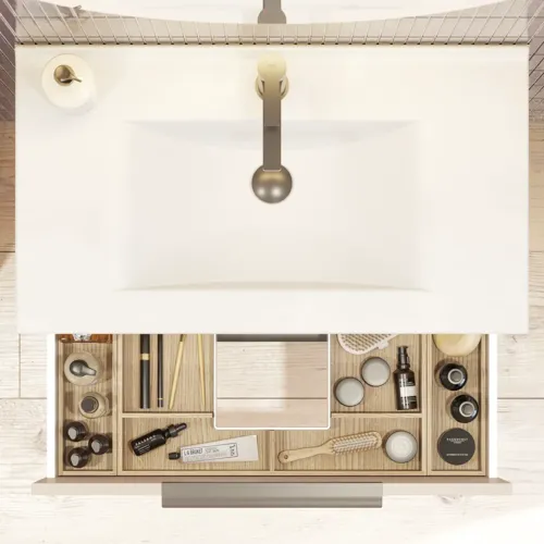 Badezimmerinspiration mit elegantem Waschbecken und Waschtischunterschrank mit praktischer und stilvoller Schubladeneinrichtung in Form von schönen Holzkästen, die eine optimale Platzausnutzung bieten.