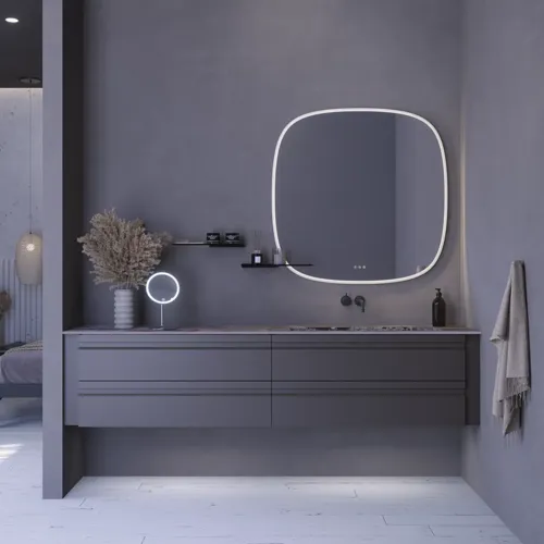 Inspiration für ein großes Badezimmer mit grauem Waschtischunterschrank mit integriertem Griff, stilvollem, seitlich montiertem Waschbecken, quadratischem Spiegel mit abgerundeten Ecken, Wänden in Betonoptik und rohen Materialien für einen urbanen Look