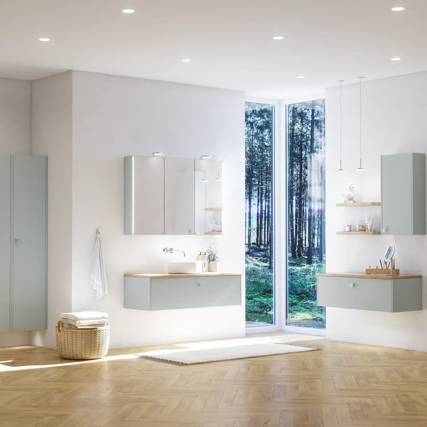 Große Badezimmerinspiration im nordischen Stil mit Badezimmerschränken in hellblauer Farbe und Holzarbeitsplatte mit elegantem Aufsatzwaschbecken, Fischgrät-Holzboden, der einen hellen und klassischen Stil schafft