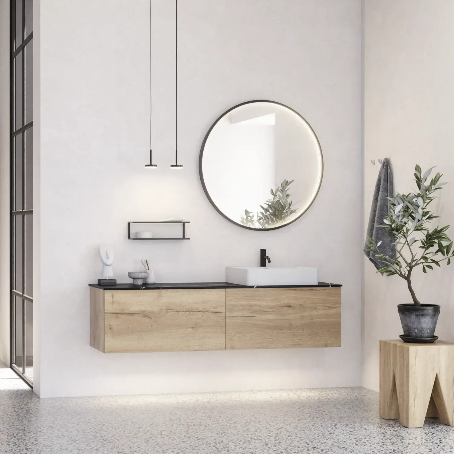 Großes urbanes Badezimmer mit Möbeln aus Eichenholz, Steinplatte mit quadratischem Becken, rundem Spiegel mit schwarzem Rand, Naturfarben und Terrakottaboden für einen industriellen und modernen Look