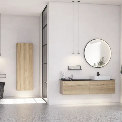 Großes urbanes Badezimmer mit Möbeln aus Eichenholz, Steinplatte mit quadratischem Becken, rundem Spiegel mit schwarzem Rand, Naturfarben und Terrakottaboden für einen industriellen und modernen Look