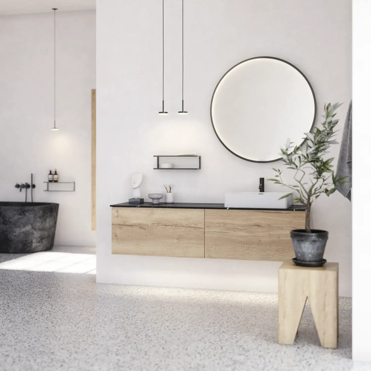Großes urbanes Badezimmer mit Möbeln aus Eichenholz, Steinplatte mit quadratischem Becken, rundem Spiegel mit schwarzem Rand, Naturfarben und Terrakottaboden für einen industriellen und modernen Look
