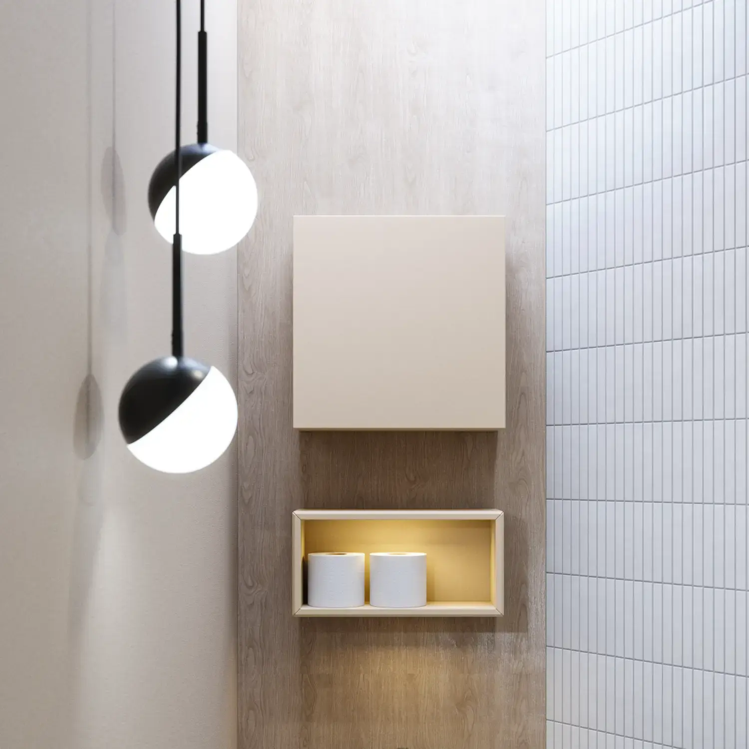 Stilvolle Badezimmer Inspiration mit beigem Waschtischunterschrank mit Innenschublade, Oberschrank, offenem Regal, ovalem Spiegel mit Beleuchtung, passenden Pendelleuchten, Regal unter dem Spiegel und wandhängendem WC