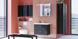 Große Badinspiration mit Badmöbeln in Black Structure mit eleganten Waschbecken und schönen Spiegelschränken mit integrierter Beleuchtung, Terrazzoboden und roten Wänden und Fliesen für einen modernen Look.
