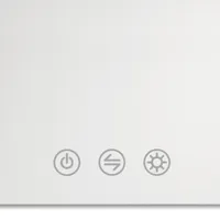 Lichtsteuerung für Spiegel mit eleganten kleinen Symbolen zur Einstellung von kaltem/warmem Licht und Helligkeit.
