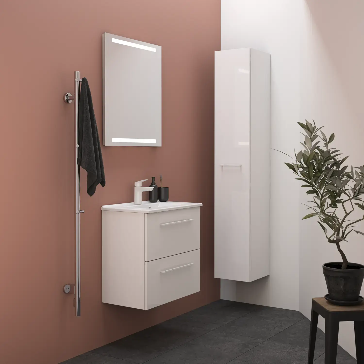 Kleine Badinspiration mit weißen Badmöbeln mit weißen Griffen, elegantem Waschbecken und schönem Spiegel mit integrierter Beleuchtung, großen grauen Fliesen und rosa Wand für einen modernen Look.