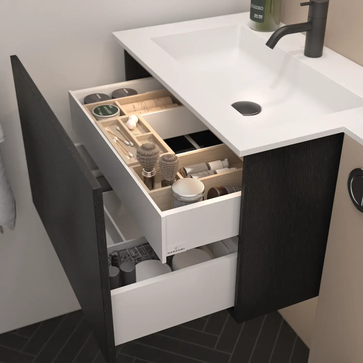 Eleganter Waschtischunterschrank mit praktischer Innenschublade und eleganten Schubladeneinsätzen mit stilvollen Holzfächern.