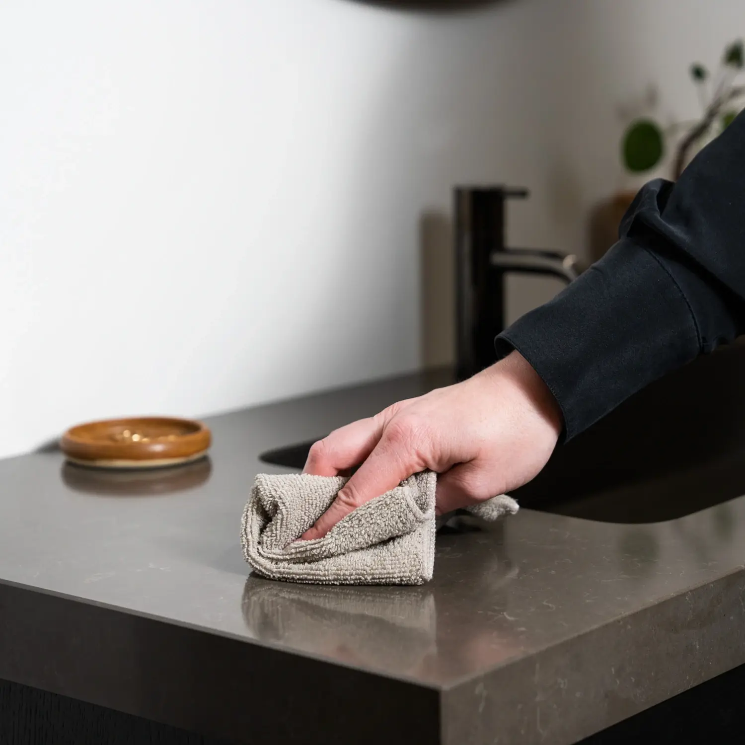 Reinigung und Pflege von Badezimmermöbeln: Eine Person wischt vorsichtig eine dunkle Badezimmer-Arbeitsplatte mit einem beigefarbenen Mikrofasertuch ab, um Schmutz und Wasserspritzer zu entfernen.