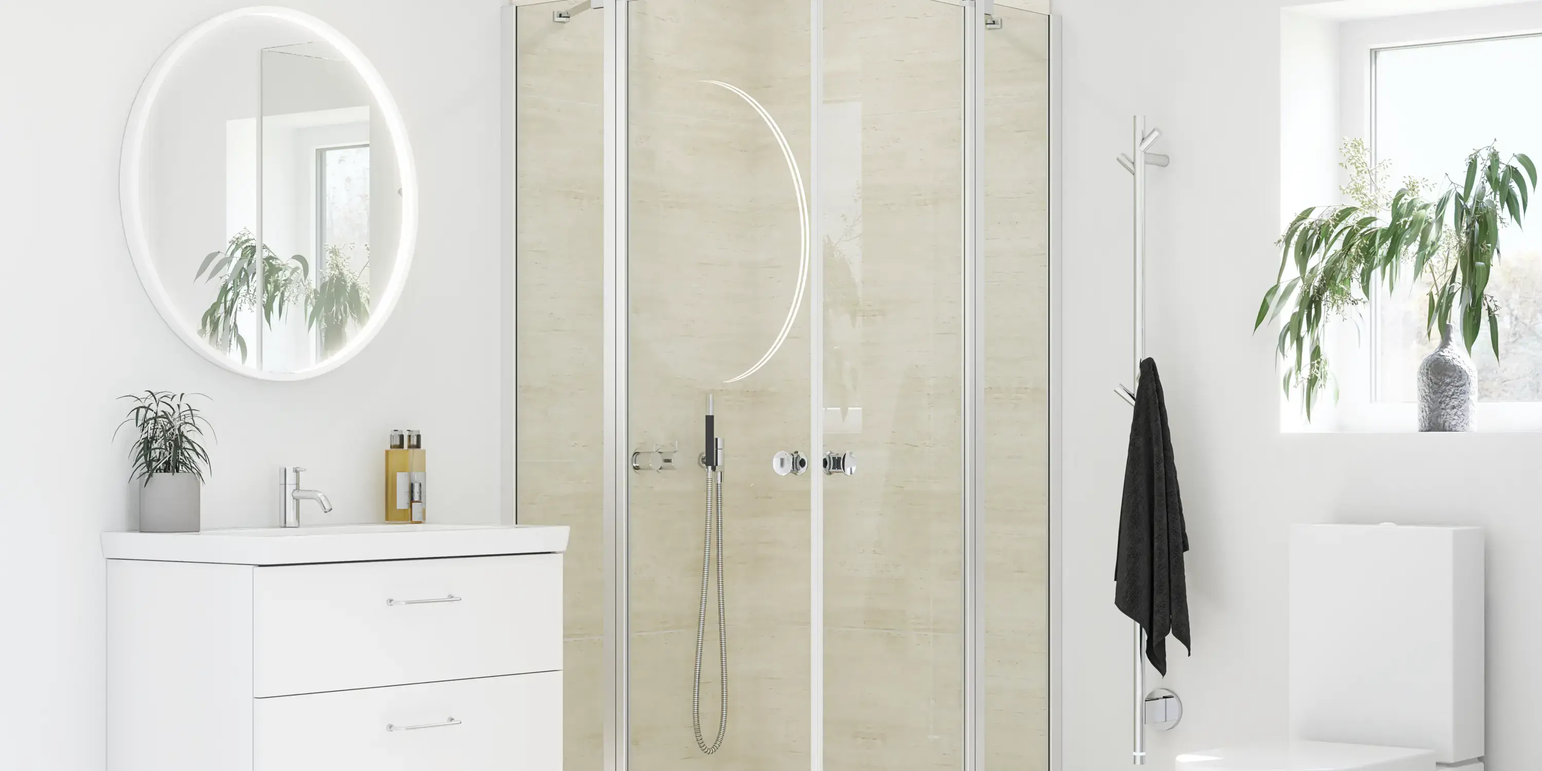 Badezimmerinspiration mit Duschwand mit festen Duschwänden mit Schwingtüren aus Klarglas und Profilen aus Satin, eleganter elektrischer Handtuchtrockner, der mit weißen Wänden und hellen Böden ein helles und modernes Aussehen verleiht.