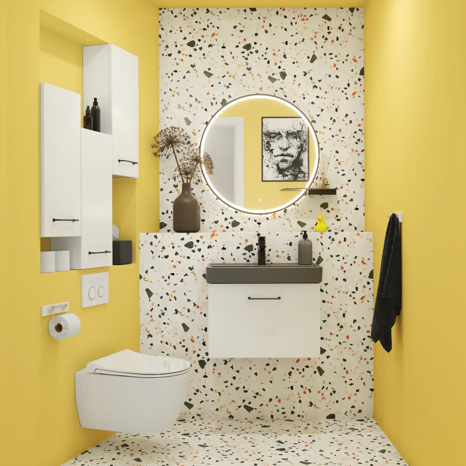 Kleine Badezimmerinspiration mit weißem Waschtisch mit schwarzem Griff und schwarzem elegantem Waschbecken, schönem rundem Spiegel mit schwarzem Rand, Terrazzo-Wand und -Boden und gelben Wänden für einen mutigen und modernen Look.