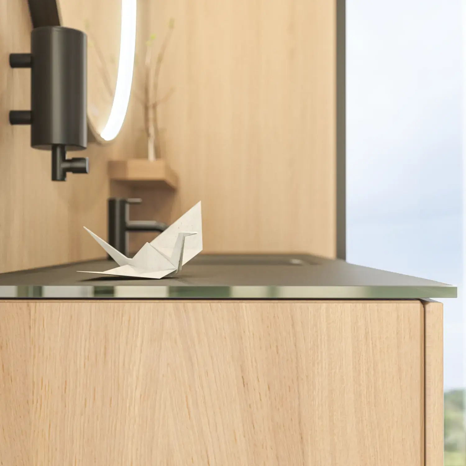 Stilvolles Badezimmer im skandinavischen und Japandi-Stil mit hellen Holzwänden, rundem Spiegel und minimalistischen Badezimmermöbeln.