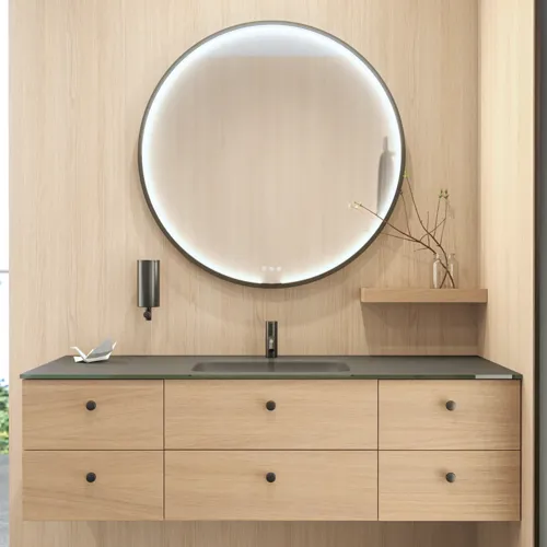 Stilvolles Badezimmer im skandinavischen und Japandi-Stil mit hellen Holzwänden, rundem Spiegel und minimalistischen Badezimmermöbeln.