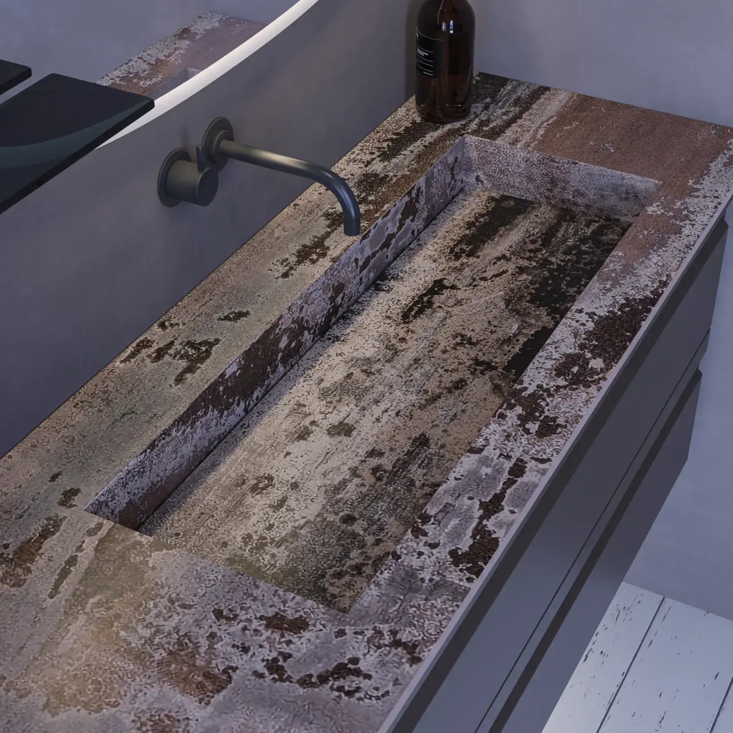 Inspiration für ein großes Badezimmer mit grauem Waschtischunterschrank mit integriertem Griff, stilvollem, seitlich montiertem Waschbecken, quadratischem Spiegel mit abgerundeten Ecken, Wänden in Betonoptik und rohen Materialien für einen urbanen Look