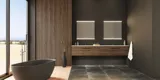 Große Badezimmer-Inspiration mit Waschtischunterschränken und braunen Eichendielen, freistehender Badewanne, und quadratischen Spiegeln mit Beleuchtung, elegante Doppelwaschbecken sorgt für einen modernen und symmetrischen Look